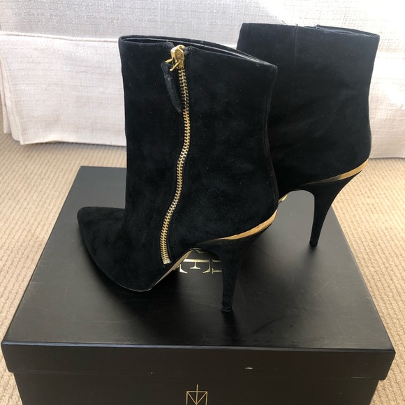 Black Suede ankle boots with gold accents - Picture 2 of 6